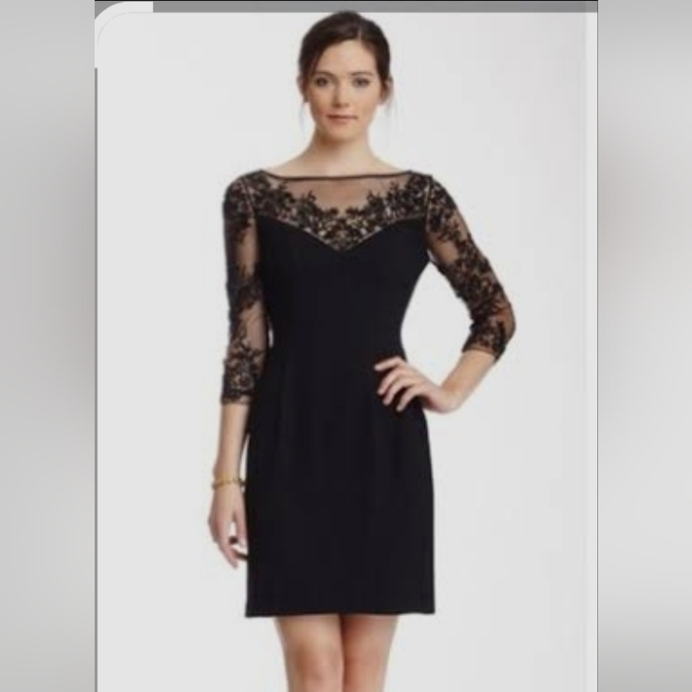 Monique Lhuillier Sheer Neckline Beaded Holiday Cocktail Wedding Guest Dress - Picture 2 of 5
